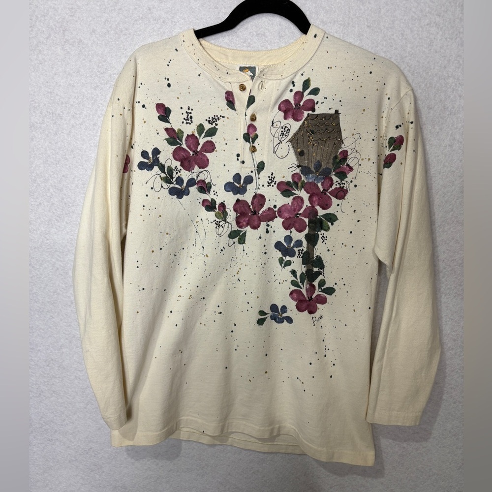 Anvil Knitwear Cream Top Flowers and Birdhouse Size M